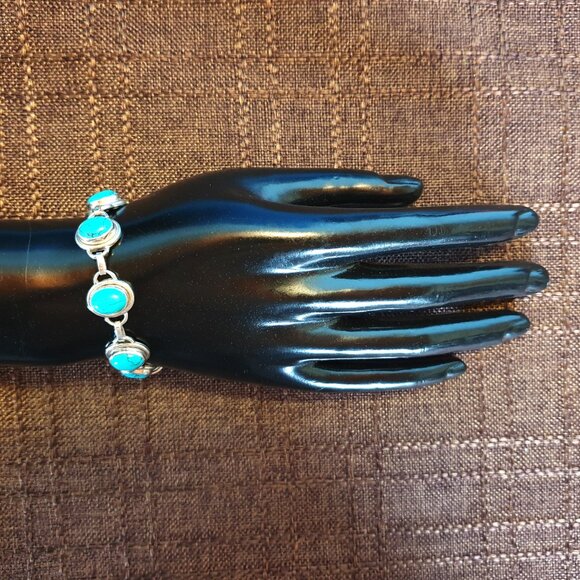 Vintage 925 Sterling Silver Genuine Black Vein Turquoise Cabochon Link Bracelet - Picture 11 of 13